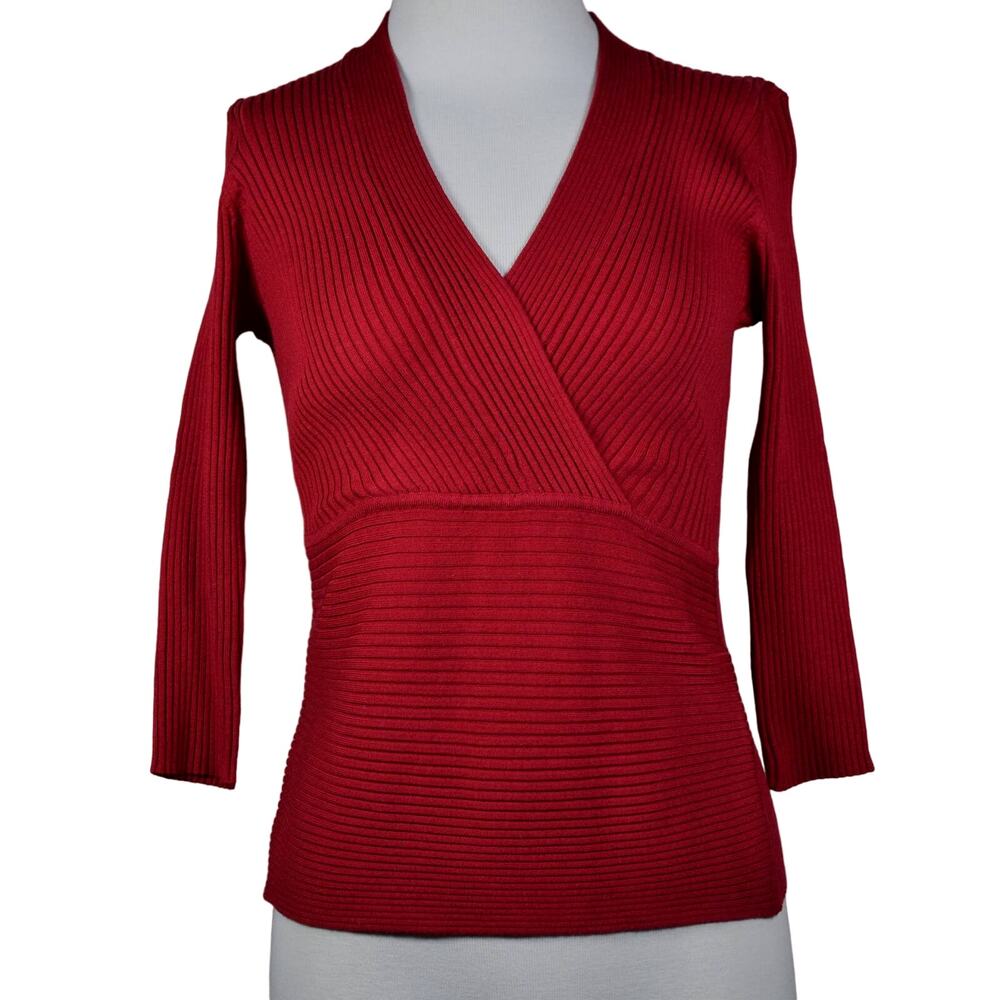 August Silk Red Rib Knit Stretch Faux Wrap Sweater Petite S Silk Blend